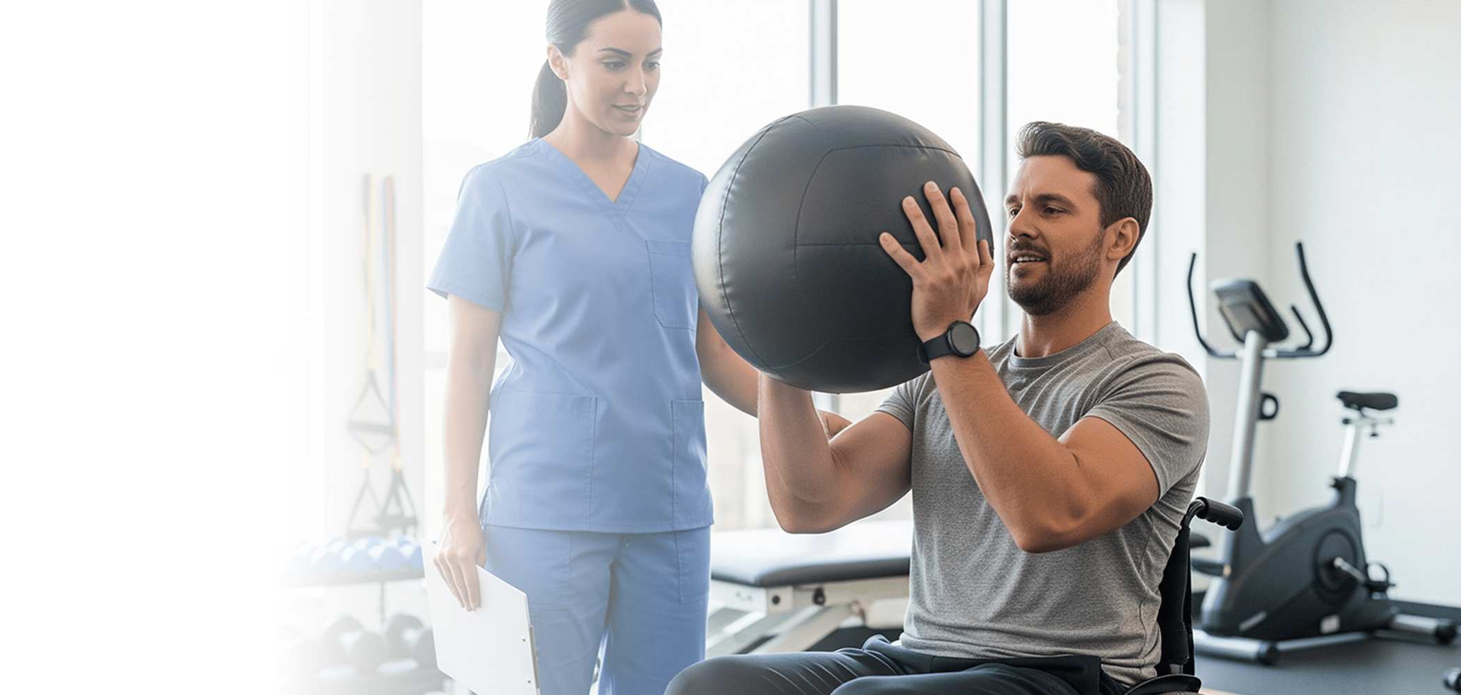 a nurse supervising while a patient does physical therapy exercises.